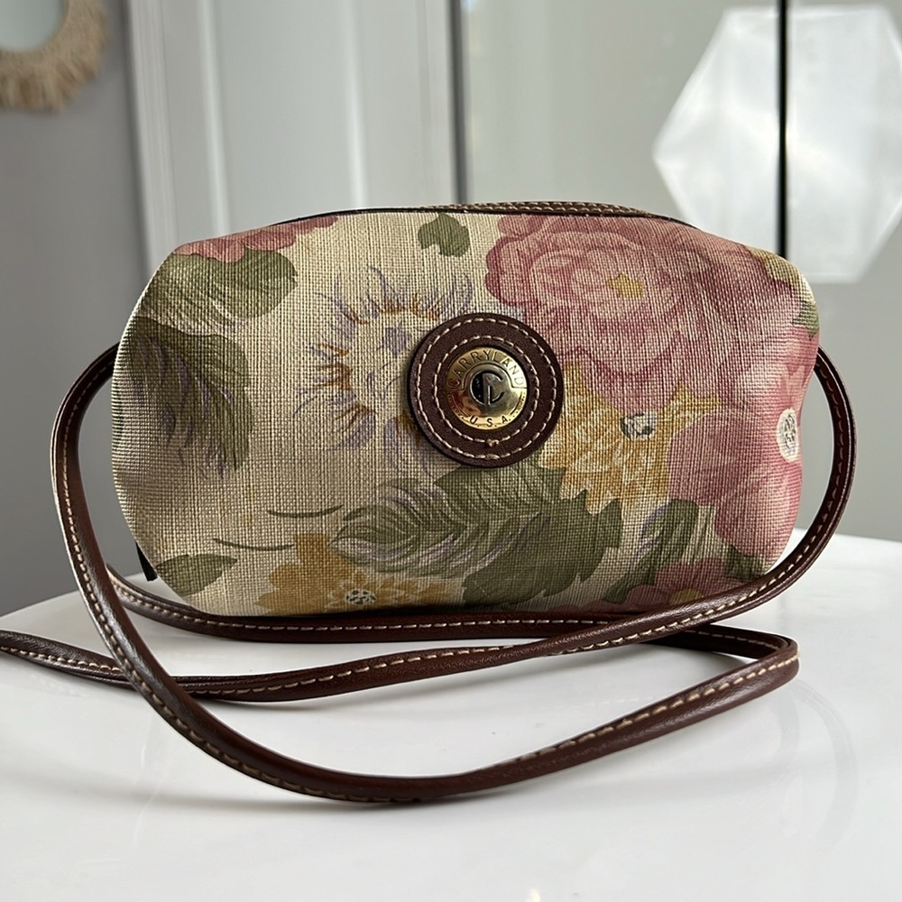 Carryland USA Vintage Tapestery Floral Print Brown Leather Trim Crossbody Bag